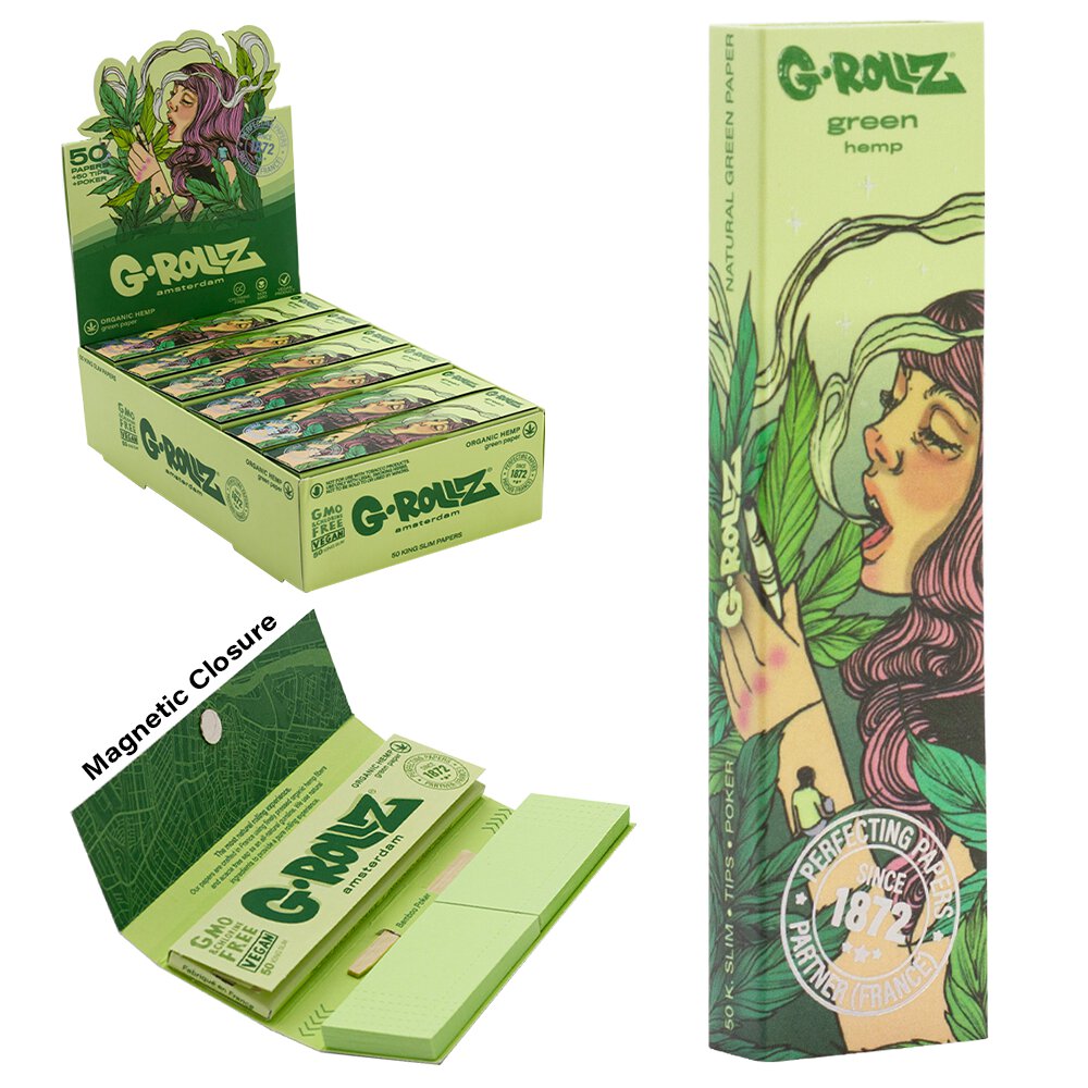 G-Rollz | Collector 'Mushroom Lady' Organic Green Hemp - 50 KS Slim Papers + Tips (24 Booklets Display)