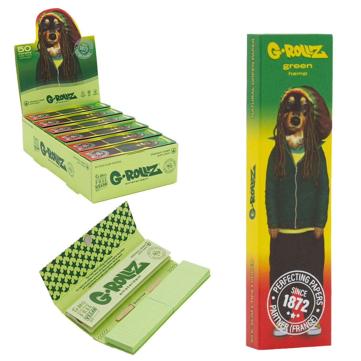 G-Rollz | Pets Rock 'Reggae' Green Hemp - 50 KS Slim Papers + Tips (24 Booklets Display)