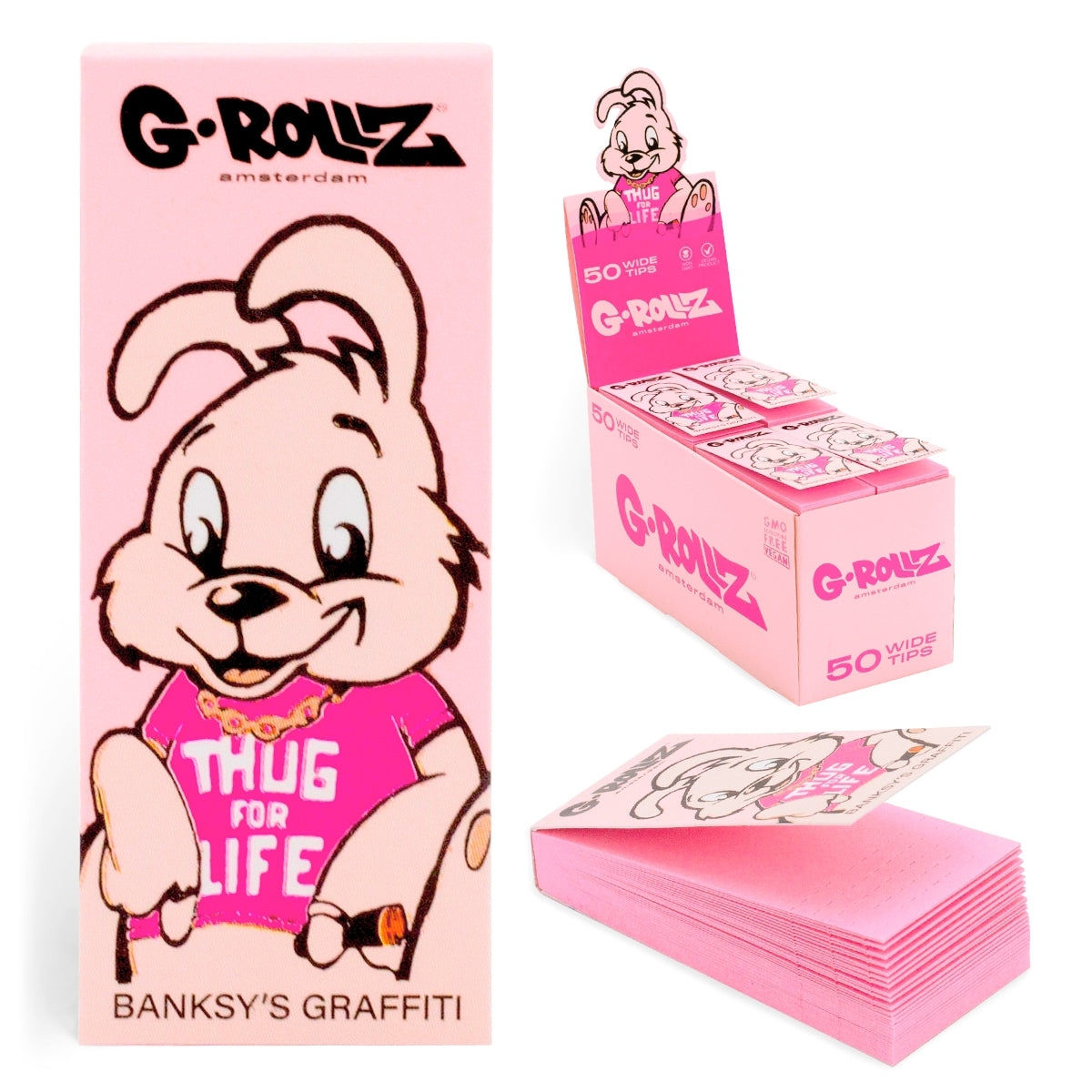 G-Rollz | Banksy's Graffiti 'Thug for Life' PINK Filter Tips 2,5 X 6cm 50 Tips Book 24/Display