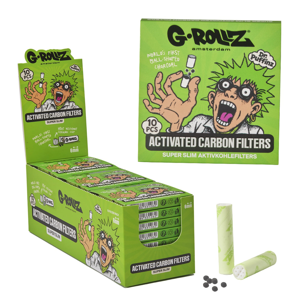 G-Rollz | Activated Carbon Filters - Ø6mm Green - 10 Tips per Pack (24 Packs per Display)