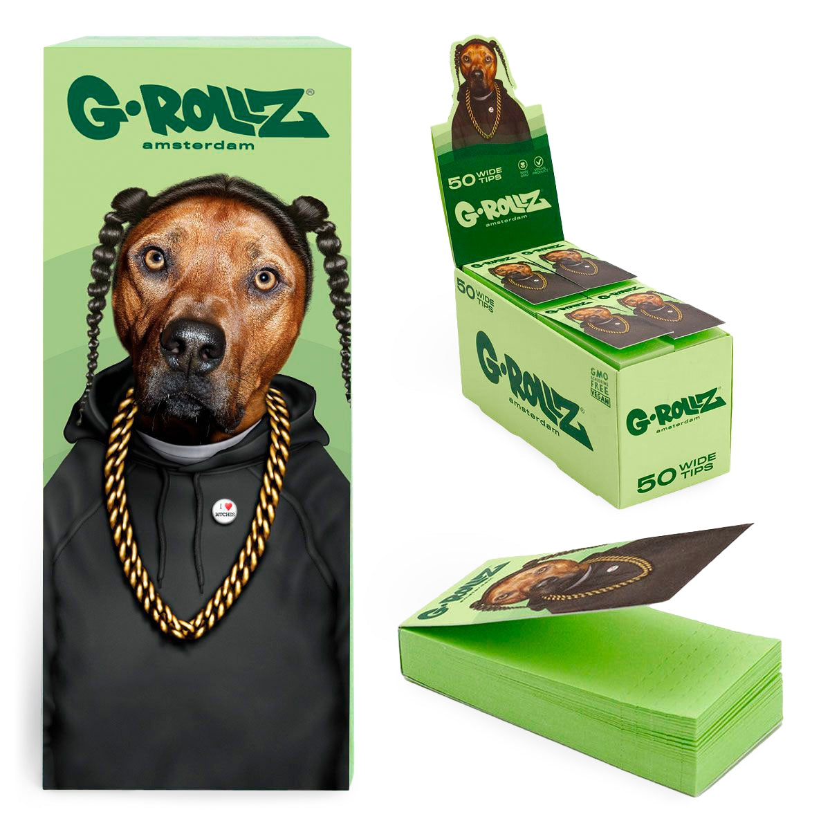 G-Rollz | Pets Rock 'Rap' Green Filter Tips 2,5 X 6cm 50 Tips Book 24/Display