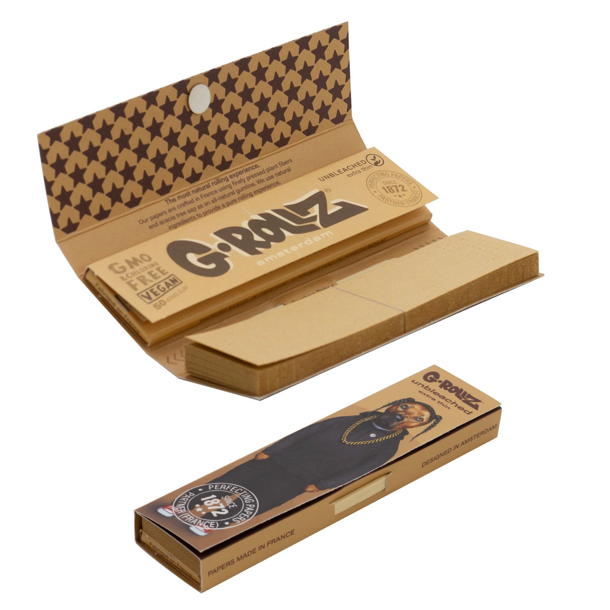 G-Rollz | Pets Rock 'Rap' Unbleached - 50 KS Slim Papers + Tips (24 Booklets Display)