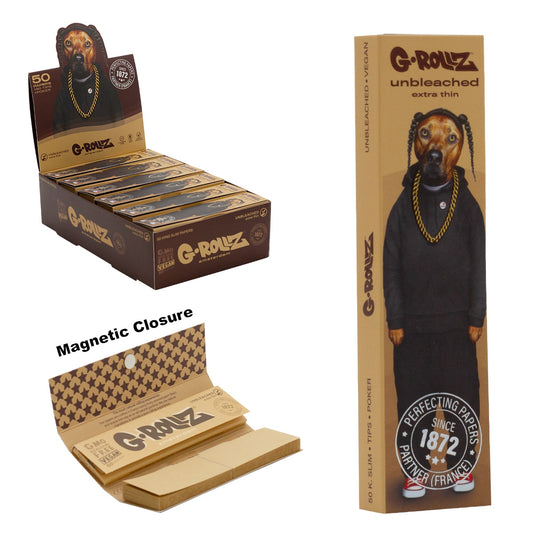 G-Rollz | Pets Rock 'Rap' Unbleached - 50 KS Slim Papers + Tips (24 Booklets Display)